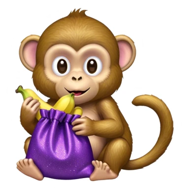 Monkey eating a banana with a purple glittery bag sticker