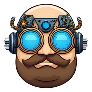Fat bald cyborg head with blue steampunk goggles, brown beard and circuits sticker