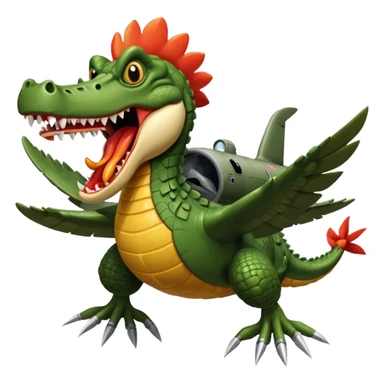 crocodile head with a terrifying mouth merged with a military bomber body, arms as airplane wings with rockets, legs as massive chicken legs like a hut on chicken legs, moving with a roar, trail of destruction sticker