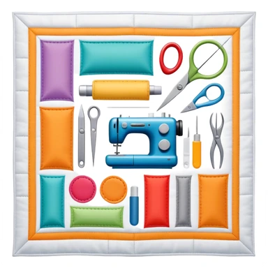 Patchwork and quilting icon, colorful fabric patches sewn together in a quilt pattern, sewing needle and thread, quilting tools like rotary cutter or quilting hoop, minimalistic style, clean lines, transparent background. sticker