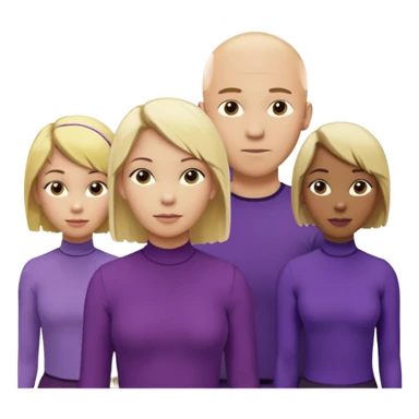 5 person team; 2 men and 3 women.  All dressed in yellow or purple.  1 caucasian woman with blonde mid length hair. 1 caucasian woman with blonde short length hair. 1 caucasian woman has ash blonde hair tied up. 1 man is African-american and bald, 1 man is caucasian and very little hair left.  
 sticker