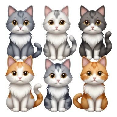 6 realistic looking cats with different natural coloured coats, assorted grey and white, greys, calico, brown and white colours etc
 sticker