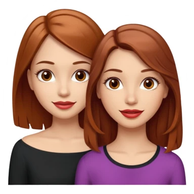 I want you to create me an emoji of two girls: one with light skin, shoulder length hair (straight and brown), brown eyes with very long eyelashes and full lips; the other girl must also have light skin, shoulder length hair (wavy and red), brown eyes and a nice smile with glossy lips sticker