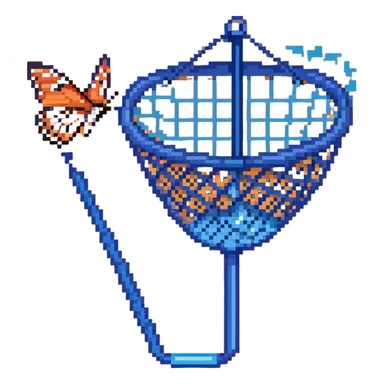 An insect-catching net with a blue handle and a butterfly inside the net sticker