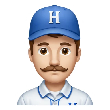 White Man with brown, short mustache, mid-length brown hair wearing blue baseball hat with the letter H on it. He is wearing a collared white dress shirt with nothing on it.  There should be no H on the shirt.  sticker
