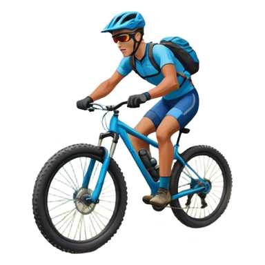 An icon featuring a mountain bike with thick tires on a rugged trail. The background showcases a breathtaking mountain landscape with green slopes, rocky peaks, and a bright blue sky. A cyclist in a helmet rides downhill, kicking up dust.  Transparent background emphasizes adventure and speed sticker