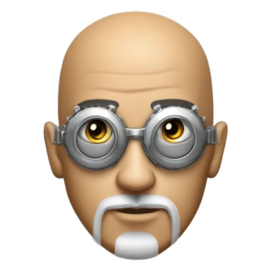 Tan bald male Latino cyborg head with grey beard, silver steampunk monocle goggles and circuits sticker