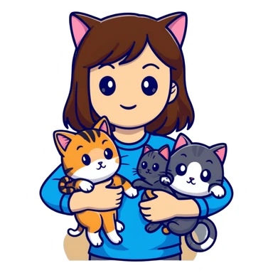 tan brown-haired girl holding two cats, one black cat and one grey-striped cat sticker