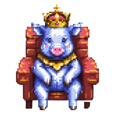 simple minimal pixel art pig with a golden crown sitting on a throne, blocky and square like Minecraft sticker