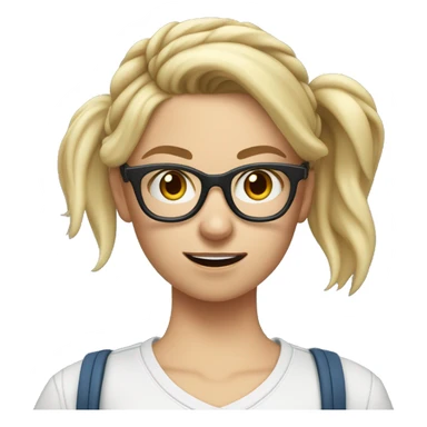 blond and white tall german girl wearing jeans and top and glasses and a hair bun. She holds a tennis racket at hand and her face she seems a bit scared sticker