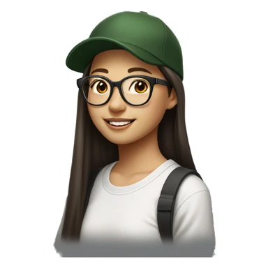 Hyper realistic, look from side, asian girl, light white skin, smiling with teeth, black eyes, spotted frame glasses, long brown straight hair with highlighted strands, black T-shirt, dark green cap. sticker