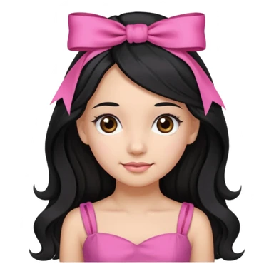Beautiful girl with long black hair in a half-up half-down hairstyle with pink ribbon tying the top half, waves at the ends, brown eyes, light skin, slight smile, and pink dress sticker