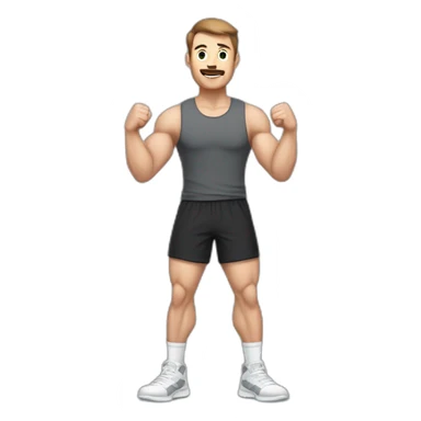 Full height Actively gesturing with hands Pale skinned Fit Man With the biceps and brown hair in dark gray Sleeveless Mike, black oversize sports shorts, watch and white Sneakers sticker