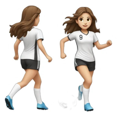One cucasian girl with brown long hair running with a soccer ball wearing White short and black shorts sticker