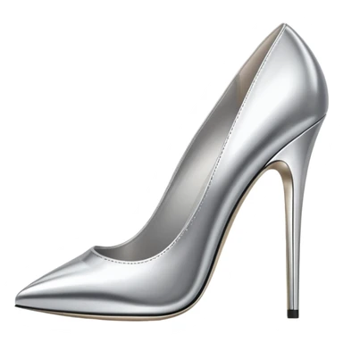A pair of high heel shoes emoji made of polished silver chrome, elegant sharp silhouette, smooth metallic surface, glossy reflections, luxury sexy vibe, minimalistic iOS emoji style, centered, clean white background sticker