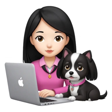 Blue back ground, Asian girl with long black hair working on an Apple laptop, next to her is a small black and white dog with pink collar on  sticker