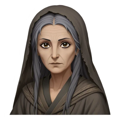 Mirri Maz Duur is a weathered, age 55 Lhazareen woman with deep-set dark eyes, high cheekbones, and a sharp nose, giving her a stern, knowing expression. Her long, unkempt dark hair streaked with gray falls loosely over her shoulders, and her earth-toned, tattered robes mark her as a humble healer. Despite her frail appearance, she exudes an aura of mystery and menace, her hands stained with herbs and blood from both healing and dark sorcery. sticker