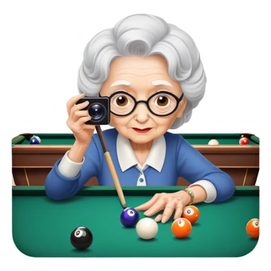 Old lady taking photo of billiards sticker