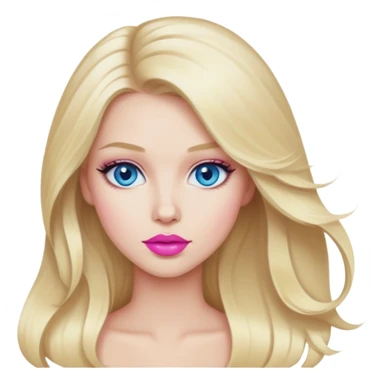 blonde, long blowdried hair, blue eyes, pink lipstick sticker
