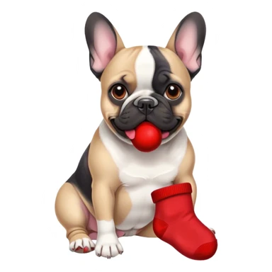 Black and white frenchie eating a red sock  sticker