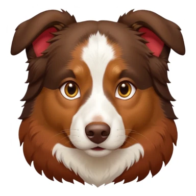 A tri color Australian shepherd with a chocolate brown base coat, red/gold fur on his eyebrows and snout/cheeks, a white chest, and gold eyes. No white on his face, only brown and gold. sticker