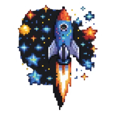 rocket ship flying through stars pixel art sticker