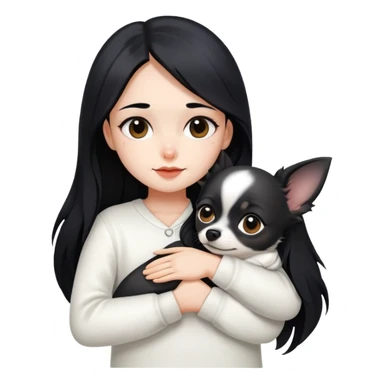 Fair skin girl - long black hair - white clothes - hugging a black chihuahua sticker