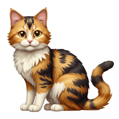 cinematic-[calico tabby cat]-realistic-full-body-sitting-emoji,-tail-curled-playfully-around-its-paws,-head-tilted-dramatically,-scruffy-[calico]-fur,-simplified-yet-realistic-focused-features,-highly-detailed,-glowing-with-an-almost-sarcastic-glow sticker