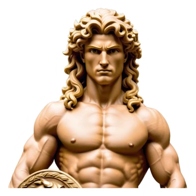 Cinematic Realistic Barbarian Hercules Portrait, depicted as a fierce Greek hero with the chiseled features of Michelangelo's David. His light tan, sculpted skin glows with timeless strength, and his thick, curly, golden brown hair cascades in wild, untamed curls reminiscent of a warrior’s mane. Instead of a flowing white robe with golden accents and a laurel wreath, he wears rugged, weathered leather and fur garments—a tattered, fur-trimmed cloak draped over broad shoulders and a simple circlet forged from iron and bone. His intense, determined eyes exude savage nobility, all rendered under dynamic natural lighting with a mythic, raw, radiant glow. sticker