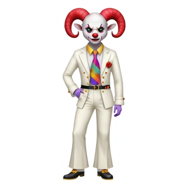 full-body demonic clown in a white leisure suit with bellbottom pants, bald, black ram horns, flashy belt, ruffled shirt, colorful tie, no elevator shoes sticker