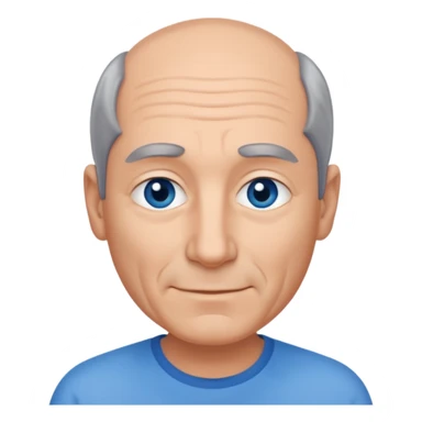 Middle aged man with receding grey and black hair and no beard, blue eyes, shy smile, tanned skin sticker