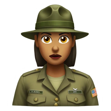 a female drill sergeant character wearing a classic sergeant hat and a camouflage army shirt. The character should have an angry intense expression. full torso sticker