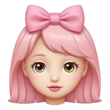 Cute coquette emoji, round face, big sparkling eyes, soft blush on cheeks, small pink bow on top of the head, pastel colors, simple vector style, transparent background


 sticker