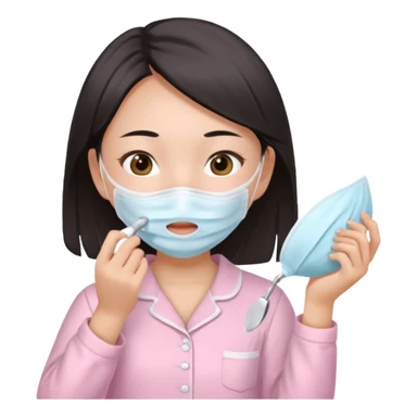 angelic asian girl doing skin care in baby pink pajamas, applying mask to her face sticker