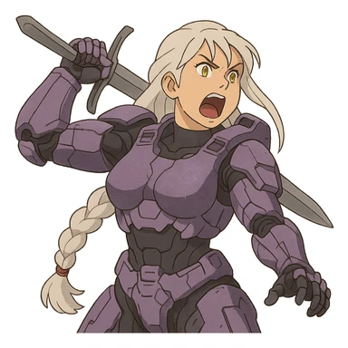 female, wearing reach spartan armor default, long white braid hair, gold yellow eyes, attention pose, HALO:series, no helmet, the armor is lavender color scheme, shoulder pad off. DDD bust size fitting. Punk gothic cyberpunk, brandishing a sword, preparing to swing and yelling sticker