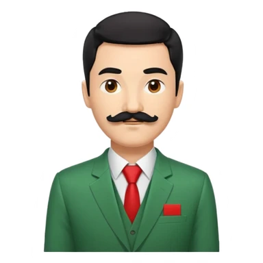 Un homme avec une moustache carré et une coupe de cheveux noir court en diagonale sur son front, il porte un costume vert sapin avec un bandeau sur le haut du bras droit rouge  sticker