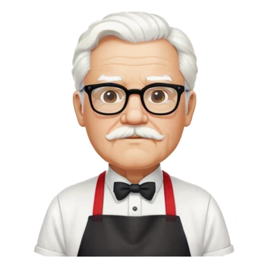 Colonel Sanders KFC, old man with white hair and white goatee, wearing black square glasses, white T-shirt and red apron sticker