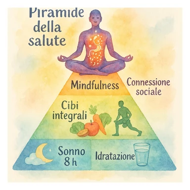 Piramide della salute in stile acquerello con colori sfumati, base Sonno 8h e Idratazione, centro Cibi integrali e Allenamento funzionale, cima Mindfulness e Connessione sociale. Figura meditativa in cima, corpo con effetti luminosi per neurotrasmettitori e flora intestinale. Testi in italiano. sticker