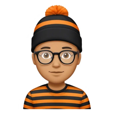 Man with glasses wearing a black and orange striped shirt and a black and orange striped beanie sticker
