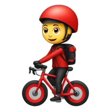 Garçon en tenue rouge sur un vélo noir vélo avec un sac tout rouge cubique, sticker