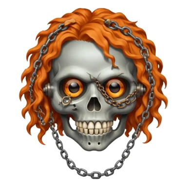 steam-punk Megadeth - iconic skull mascot with rusty metal eye covers and chains on his teeth, orange curly huge hair sticker