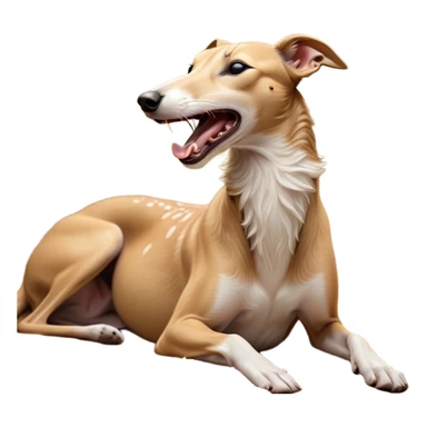 Cinematic Cute Yawning Fawn Greyhound Portrait Emoji, Head tilted slightly with a dramatic, wide-open yawn, showcasing a smooth fawn Fur with a refined finish, floppy ears slightly drooping, round eyes barely open in drowsy contentment, Simplified yet irresistibly adorable features, highly detailed, glowing with a soft, cozy glow, high shine, relaxed yet expressive, stylized with a touch of whimsy, bright and endearing, soft glowing outline, capturing the essence of a sleepy yet affectionate companion, so drowsy it feels like it could stretch out of the screen and curl up for a nap! sticker