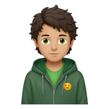 a 14 year old slightly tanned teenage boy with dark brown tousled wavy hair, dark brown eyes wearing a green tshirt, with a dark green hoodie overcoat. smirking sticker
