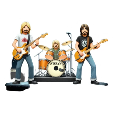 Icon for Rock Music: Nirvana performing on stage with Kurt Cobain on guitar and vocals, Krist Novoselic on bass, and Dave Grohl on drums. A grunge-inspired vibe with dynamic stage lighting and musical energy. Transparent background. sticker
