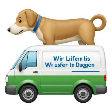 a white delivery van with green and blue color on the delivery van tarpaulin. Text: Wir liefern bis an die Türe. Ausser Ihr Hund ist dagegen" sticker