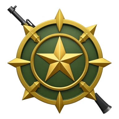 Insignia militar realista para videojuegos de guerra (estilo Delta Force), forma de escudo metálico con bordes desgastados. Incluye:

Símbolo: [fusiles cruzados / águila / estrellas / espada] Insignia redonda con fusil cruzado y una estrella, metal rayado, verde oliva y negro. sticker