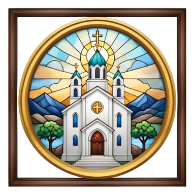 A beautiful white church with a gold cross on top and stained glass windows sticker