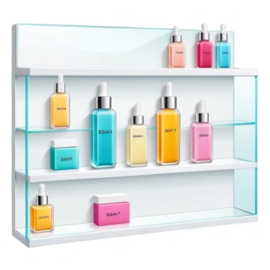 big long white shelf with one serum bottle labeled beauty brand and big sticky note sticker