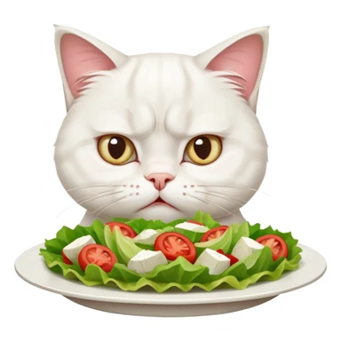 grumpy white cat sitting at a table, looking confused with its ears slightly back. In front of the cat is a plate with a salad with mouth a little open, and Disagree in the cat's face sticker