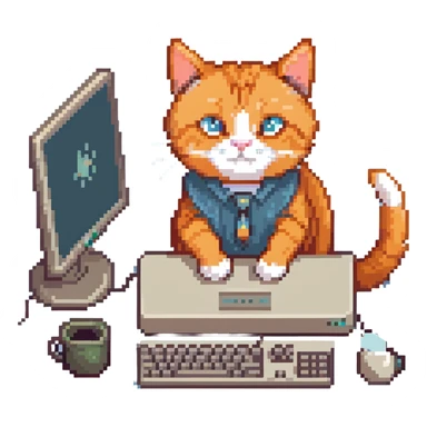 orange cat typing on desktop computer sticker